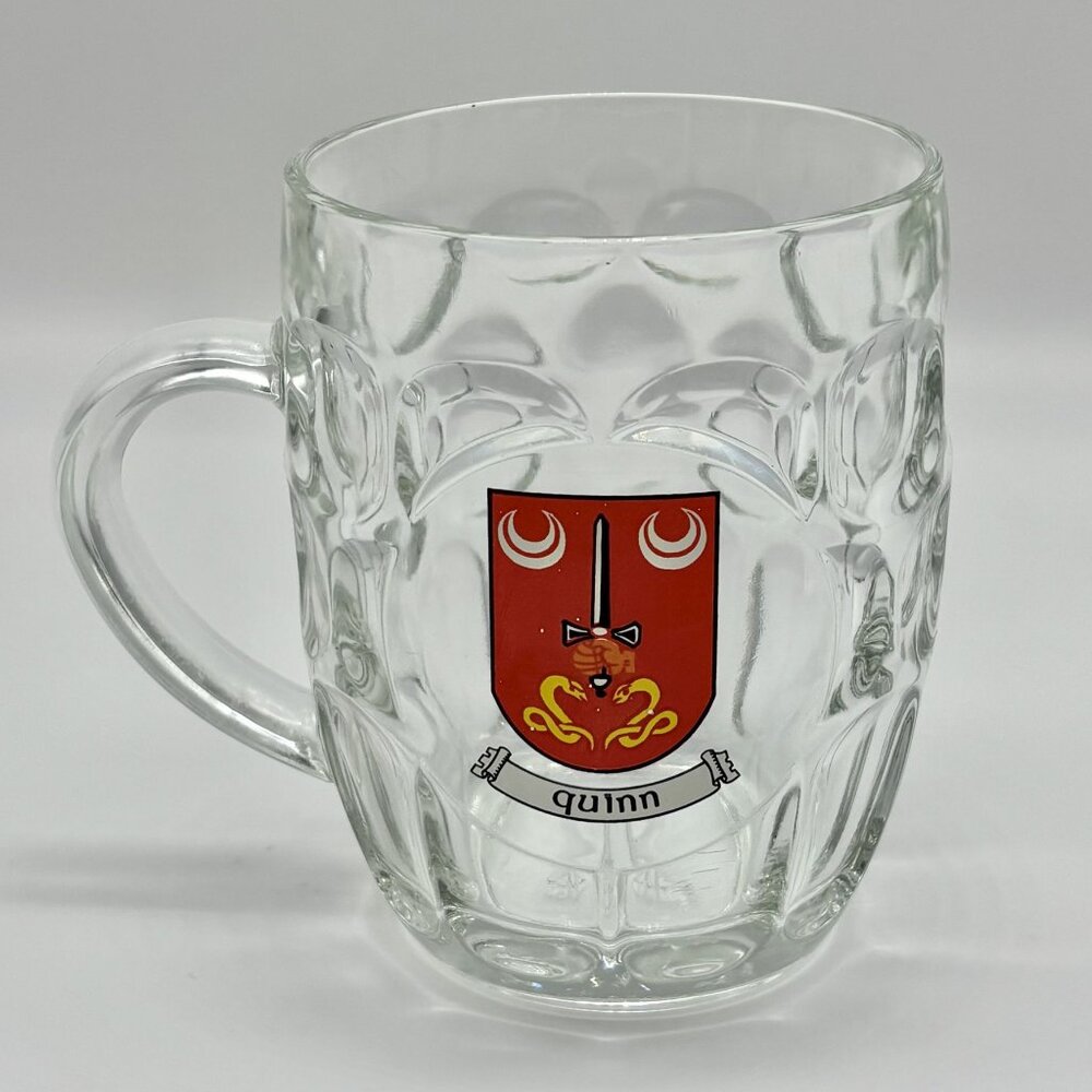 Vintage Ravenhead England Dimple Thumbprint Glass Beer Mug, Coat of Arms "Quinn"